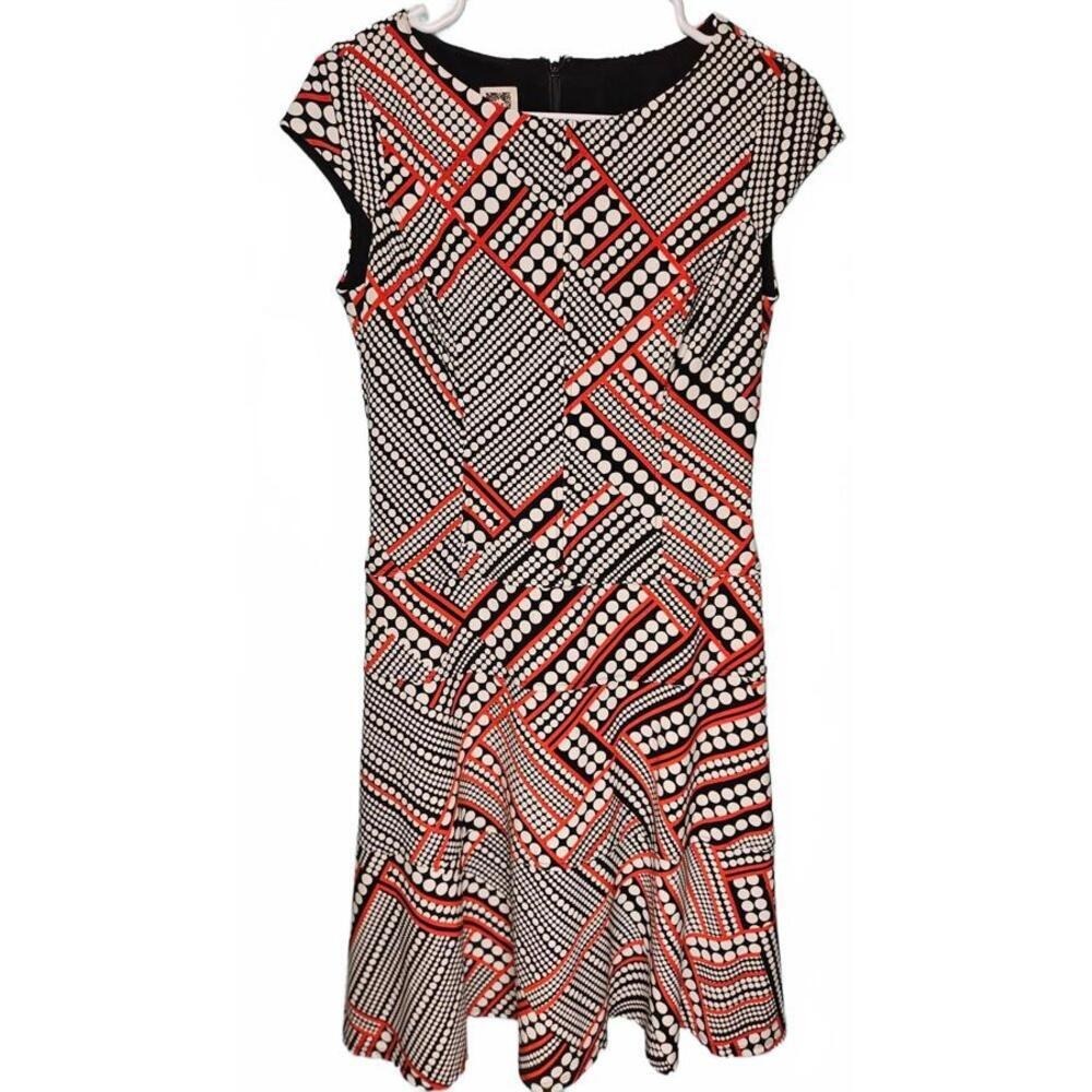 Anne Klein Women Bold Geometric Polka Dot Fit‎ Flare Dress Cap Sleeve Size 4 Mod